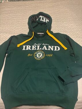 Ireland Embroidered Dark Green Hoodie with Yellow Drawcords - Classic Pullover